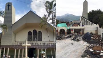 San Pio X Parish in Itagüí, Colombia before and after a massive earthquake in 2018. Before and after earthquake destruction